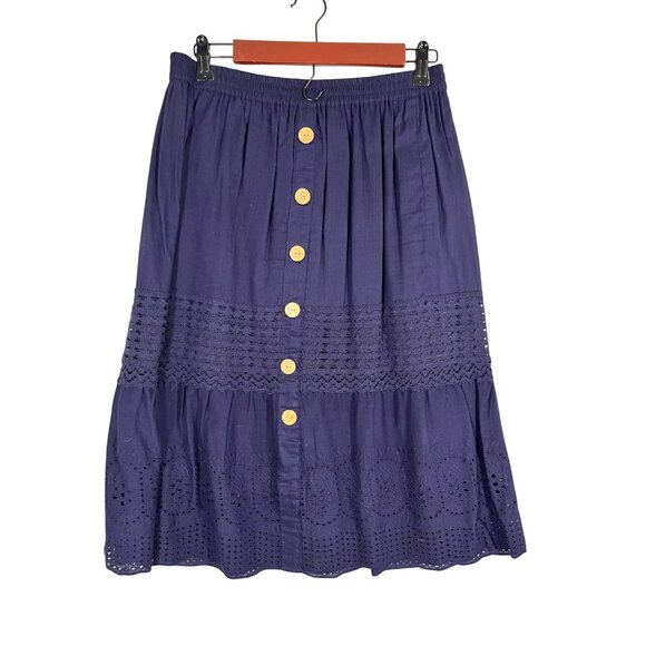 Retro Floral Eyelet Skirt Blue L Tiered Lace Boho Western Indie Folk Classic 80s - Picture 1 of 10